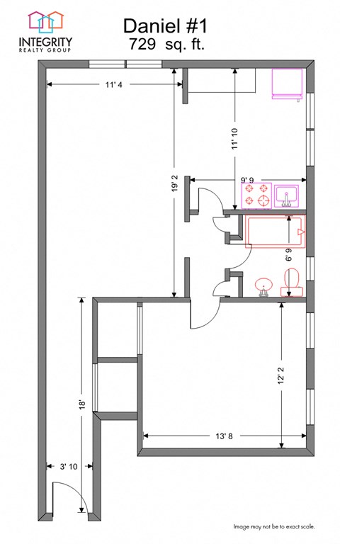 Floor plan for 1 bed, 1 bath, 729 sqft